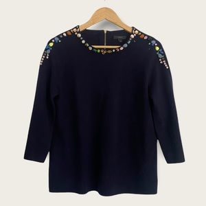 J Crew Wool Sweater Small Beaded Embellished Navy Blue